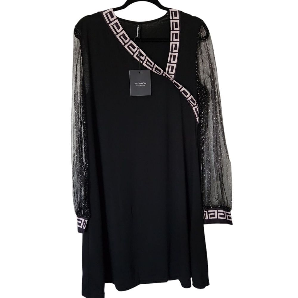 Just Fashion Now Womens Elegant Black Dress Sheer Glitter Sleeves Size Large